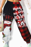 Red Christmas Casual Plaid Print Contrast Patchwork Mid Waist Pencil Harem Bottoms Pants