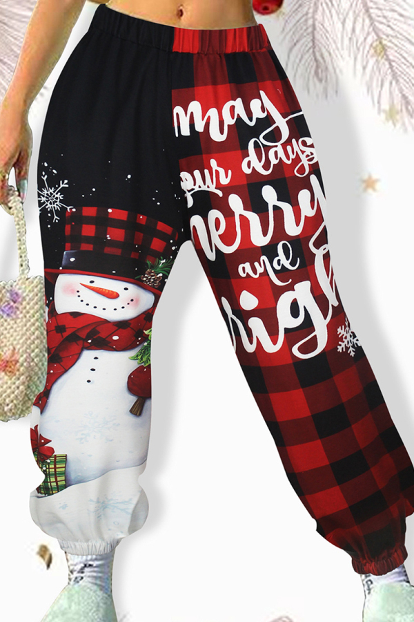 Red Christmas Casual Plaid Print Contrast Patchwork Mid Waist Pencil Harem Bottoms Pants