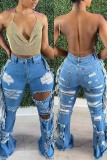 Light Blue Casual Solid Color Mid Waist Ripped Tassel Plus Size Flare Denim Jeans