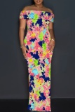 White Orange Off Shoulder Short Sleeve Floor Length Casual Outing Vacation Bodycon Floral Maxi Dress
