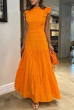 Orange Half A Turtleneck Small Flying Sleeve Fitted Waist Tiered Ruffle Hem Vacation Casual Outings Embroidered Lace Maxi Dress