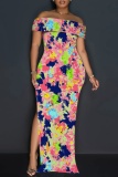 White Orange Off Shoulder Short Sleeve Floor Length Casual Outing Vacation Bodycon Floral Maxi Dress