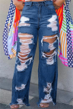 Dark Blue Casual Ripped Plus Size Straight Leg Denim Jeans