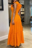 Orange Half A Turtleneck Small Flying Sleeve Fitted Waist Tiered Ruffle Hem Vacation Casual Outings Embroidered Lace Maxi Dress