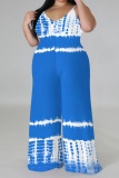 Green Vacation Casual Print Backless Spaghetti Strap Wide Leg Plus Size Cami Jumpsuits (With Headscarf)
