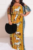 Purple Graphic Print Off Shoulder Half Sleeve Floor Length Casual Outing Plus Size Vacation Loose Fit Maxi Dress