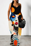 Dark Khaki Figure Print Sleeveless V Neck Spaghetti Strap Casual Outing Vacation Loose Maxi Slip Dress