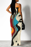 Dark Khaki Figure Print Sleeveless V Neck Spaghetti Strap Casual Outing Vacation Loose Maxi Slip Dress