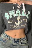 Dark Grey Letter Print Patchwork Backless Cross Straps Off Shoulder Long Sleeve Tops Blouses Sweatshirts