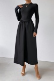 Black O Neck Long Sleeve Fitted High Waist A Line Casual Outings Party Flowy Maxi Dress