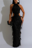 Black Sleeveless Backless High Neck Side Tie Cut-Out Nightclub Bodycon Halter Sequin Party Maxi Dress