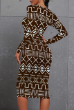 Gold Yellow National Totem Print O Neck Long Sleeve Casual Outing Bodycon Pencil Midi Dress