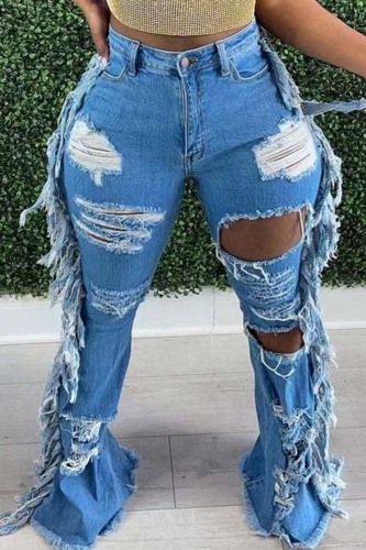 Light Blue Casual Solid Color Mid Waist Ripped Tassel Plus Size Flare Denim Jeans
