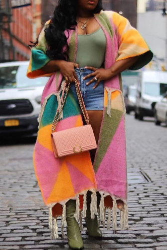 Pink Colorblock Casual Patchwork Half Sleeve Long Knitted Cardigan Fall Winter Tassel Outerwear