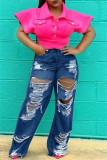 Dark Blue Casual Ripped Plus Size Straight Leg Denim Jeans