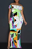 White Orange Off Shoulder Short Sleeve Floor Length Casual Outing Vacation Bodycon Floral Maxi Dress