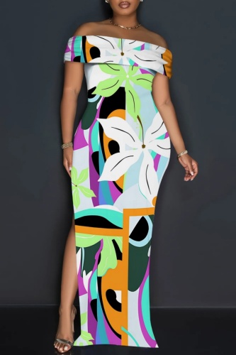 White Orange Off Shoulder Short Sleeve Floor Length Casual Outing Vacation Bodycon Floral Maxi Dress