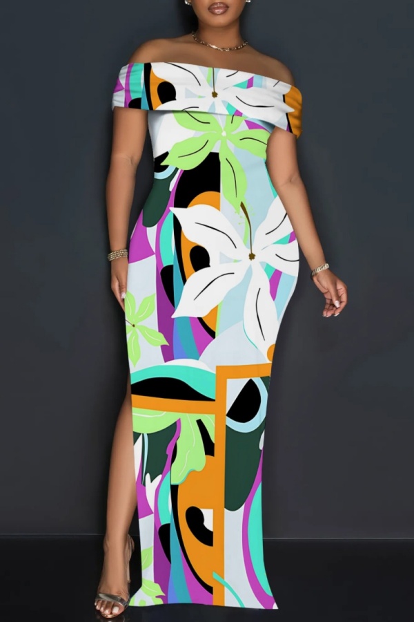 White Orange Off Shoulder Short Sleeve Floor Length Casual Outing Vacation Bodycon Floral Maxi Dress