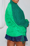 Green Casual Patchwork Contrast Turtleneck Long Sleeve Tops Fall Winter Sweaters Cardigans