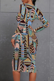 Gold Yellow National Totem Print O Neck Long Sleeve Casual Outing Bodycon Pencil Midi Dress