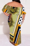 Purple Graphic Print Off Shoulder Half Sleeve Floor Length Casual Outing Plus Size Vacation Loose Fit Maxi Dress