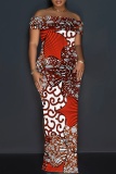 White Orange Off Shoulder Short Sleeve Floor Length Casual Outing Vacation Bodycon Floral Maxi Dress