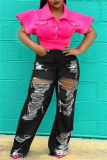 Dark Blue Casual Ripped Plus Size Straight Leg Denim Jeans