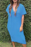 Casual V Neck Batwing Sleeve Slit Vacation Loose Linen Midi T-shirt Dress