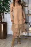 Brown Slit Turtleneck Long Sleeve Blouses and Gauze Layered Skirts Fall Winter Two Piece Dress Sets
