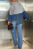 Grey Casual Contrast Round Neck Long Sleeve Slit Loose Fit Denim Tops Sweatshirts