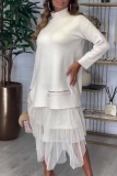 Brown Slit Turtleneck Long Sleeve Blouses and Gauze Layered Skirts Fall Winter Two Piece Dress Sets