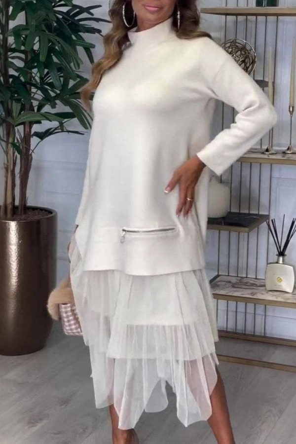 Brown Slit Turtleneck Long Sleeve Blouses and Gauze Layered Skirts Fall Winter Two Piece Dress Sets