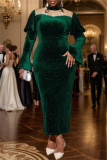 Green Half A Turtleneck Beading Decor Flare Sleeve Bodycon Cocktail Party Maxi Wedding Guest Dresses