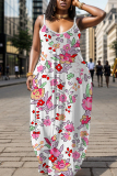 White Purple Floral Print Sleeveless Backless Spaghetti Strap Floor Length Casual Outing Straight Loose Maxi Slip Dress
