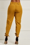 Green Casual Pocket High Waist Belted Bow Knot Pencil Trousers Pants