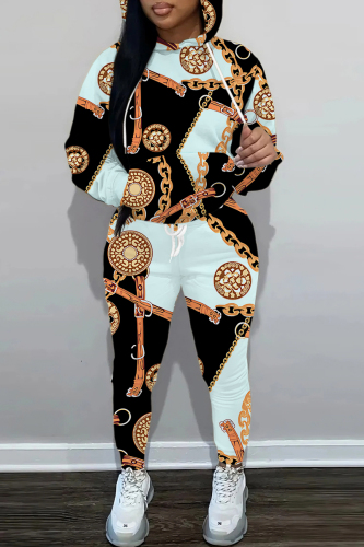 White Pink Sportwear Casual Print Hooded Long Sleeve Sweatshirts and Drawstring Pants Two Pieces Sweatsuit Sets