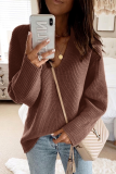 Pink Casual Weave V Neck Long Sleeve Loose Fit Knitted Fall Winter Sweater Tops Blouses