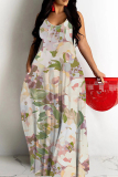 Blue Floral Print Sleeveless Backless Spaghetti Strap Floor Length Causal Outing Vacation Straight Loose Maxi Dress