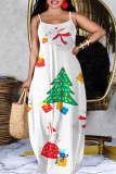 Apricot Christmas Print Sleeveless Backless Spaghetti Strap Floor Length Casual Outing Maxi Slip Dress