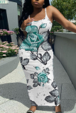 White Grey Floral Print Sleeveless Backless Spaghetti Strap Casual Outing Vacation Bodycon Long Maxi Dress