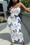 White Grey Floral Print Sleeveless Backless Spaghetti Strap Casual Outing Vacation Bodycon Long Maxi Dress