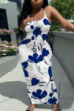 White Grey Floral Print Sleeveless Backless Spaghetti Strap Casual Outing Vacation Bodycon Long Maxi Dress