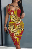Orange White Graphic Print Sleeveless U Neck Casual Outing Bodycon Vest Midi Dress