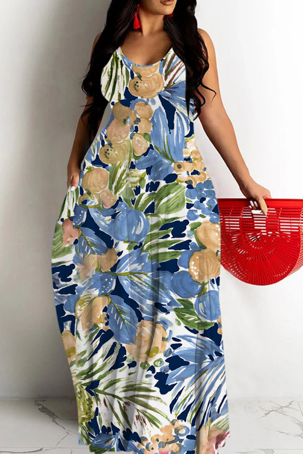 Blue Floral Print Sleeveless Backless Spaghetti Strap Floor Length Causal Outing Vacation Straight Loose Maxi Dress