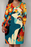 Black Blue Figure Print V Neck Long Sleeve Pocket Casual Outing Straight Loose T Shirt Dress
