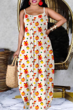Apricot Christmas Print Sleeveless Backless Spaghetti Strap Floor Length Casual Outing Maxi Slip Dress