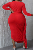 Red Party Club Formal Bodycorn Casual Beading Round Neck Ruffled Hem Long Sleeve Slit Plus Size Long Dresses