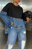 Grey Casual Contrast Round Neck Long Sleeve Slit Loose Fit Denim Tops Sweatshirts