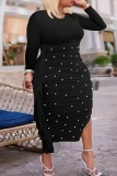 Red Party Club Formal Bodycorn Casual Beading Round Neck Ruffled Hem Long Sleeve Slit Plus Size Long Dresses