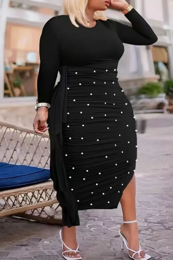 Red Party Club Formal Bodycorn Casual Beading Round Neck Ruffled Hem Long Sleeve Slit Plus Size Long Dresses